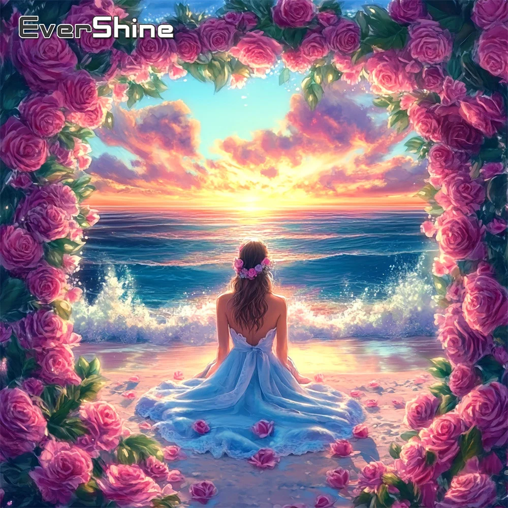 EverShine Vollständig mit Diamanten besticktes Bild, Meereslandschaft, Mosaik, Mädchenbild mit Strass-Stickerei, Rose, Valentinstagsgeschenk