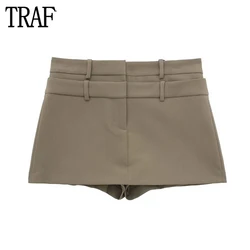 TRAF-falda de cintura alta para mujer, faldas de oficina de color caqui, ropa de calle Retro básica, 2024