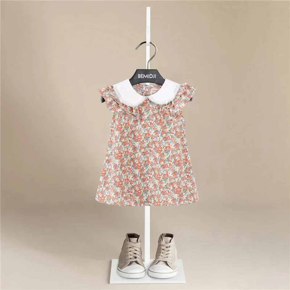 Flowers Summer Girls Dresses Cotton Doll Collar Sleeveless Printing Princess Dresses Kids Clothing Children  1- 8Years