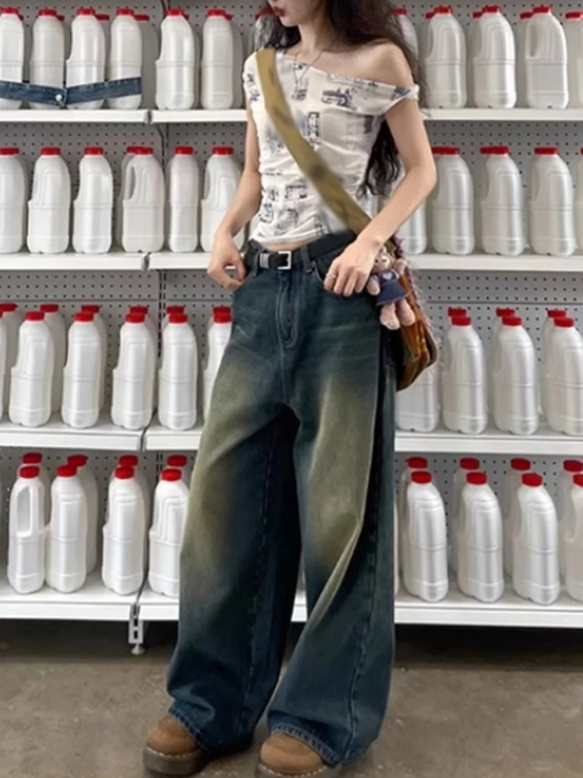 

Retro Faded Wide Leg Denim Jeans Women's Spring Autumn New High Waist Loose Slimming Casual Straight Leg Trendy Pants