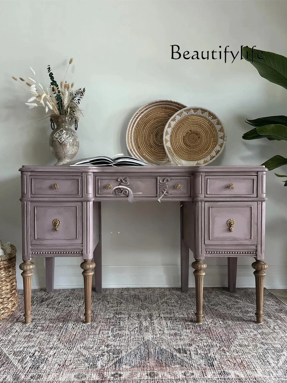 

ZL French solid wood carving flower bedroom dressing table American modern simple home storage storage dressing table