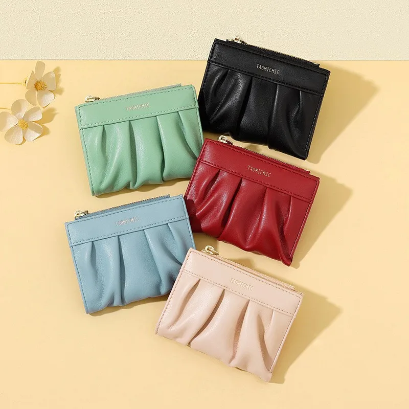 Fashionable Pleated Short Ladies Wallet PU Leather Zipper Coin Purse Multi-Slot Student Card Case Carteras Mujer Billiteras