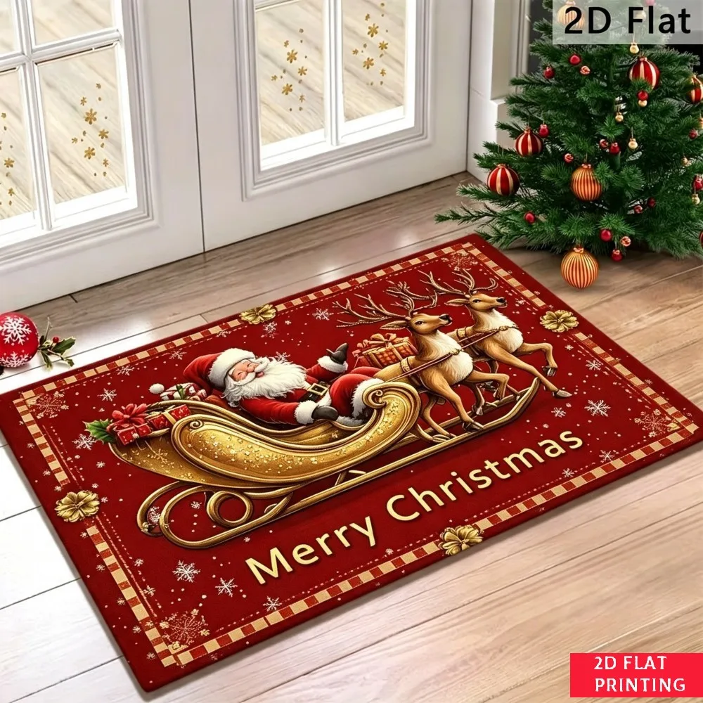 Santa Sleigh Christmas Door Mat Red Background Reindeer Gift Snowflake Print Non Slip Indoor Outdoor Rug For Festive Holiday