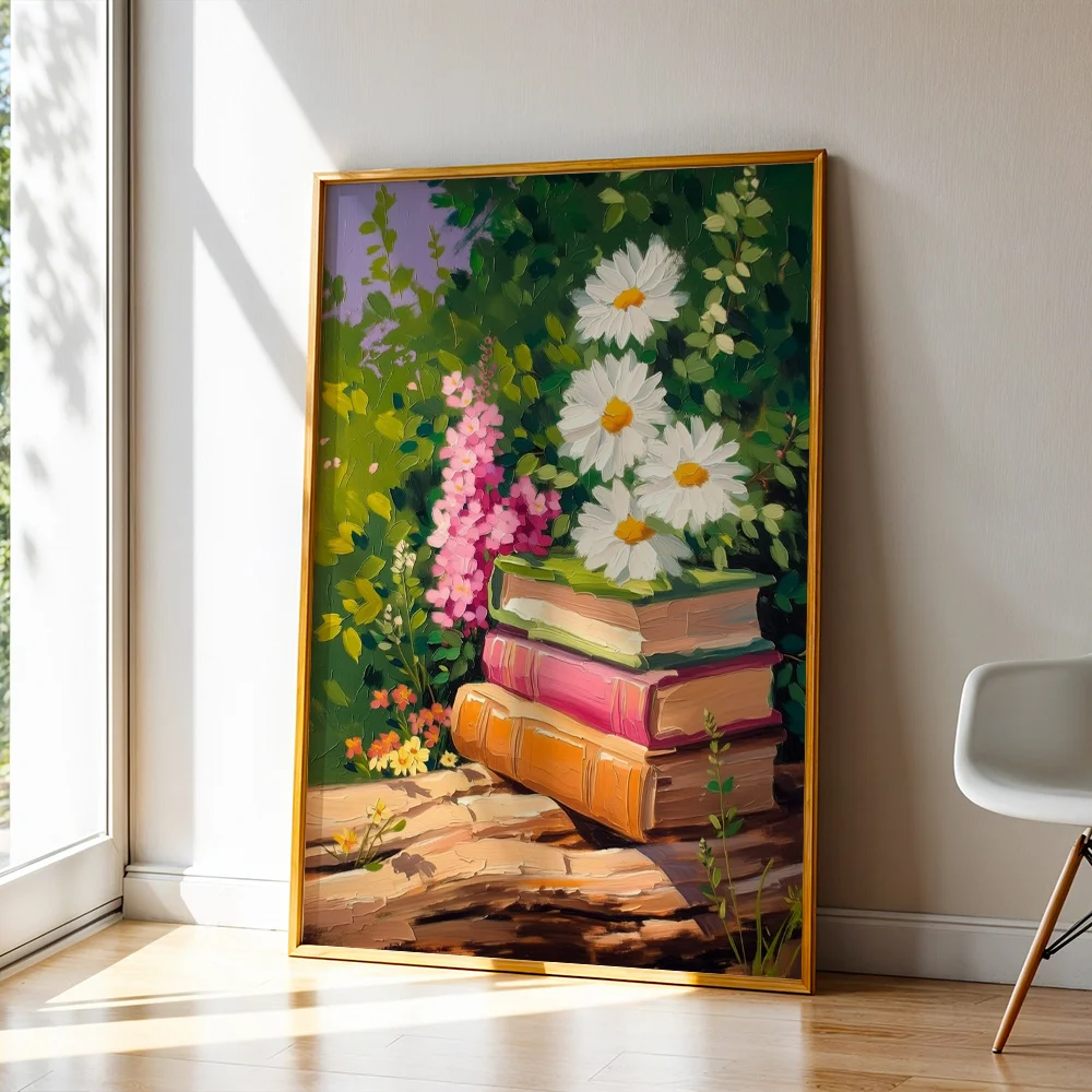 Oil Painting Books Daisies Wild Flowers Canvas Poster,2D Print Wall Decor,Aesthetic Home Gift