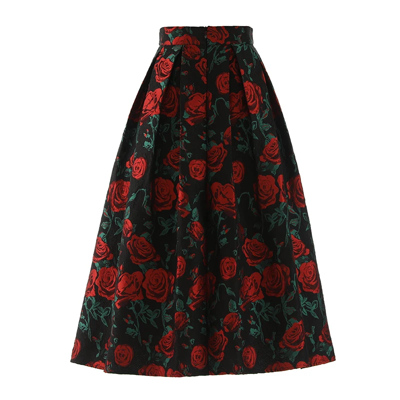 Black Women's Skirt Red Rose Jacquard High Waisted Skirt Elegant Temperament French Style Puffy Skirt Hanging A-line Skirt