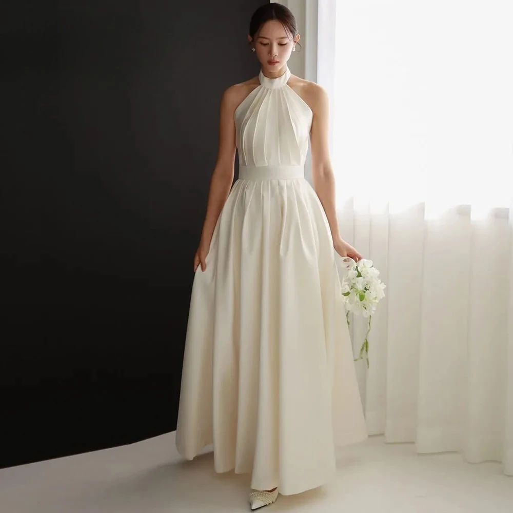 

Элегантное вечернее платье с открытой спиной и воротником-халтер, корейский стиль, для свадебной фотосессии, в пол, цвет слоновой кости, плиссированное, для вечеринок и мероприятий, на заказ