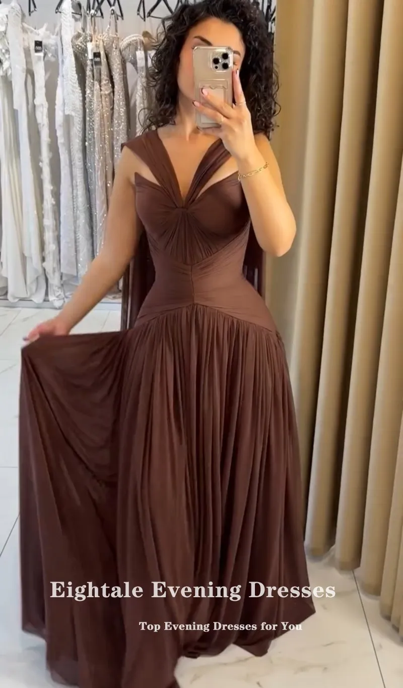 Eightale Arabic Evening Dress Halter Pleats Chiffon A-Liine Brown Muslim Sexy Prom Wedding Party Gown