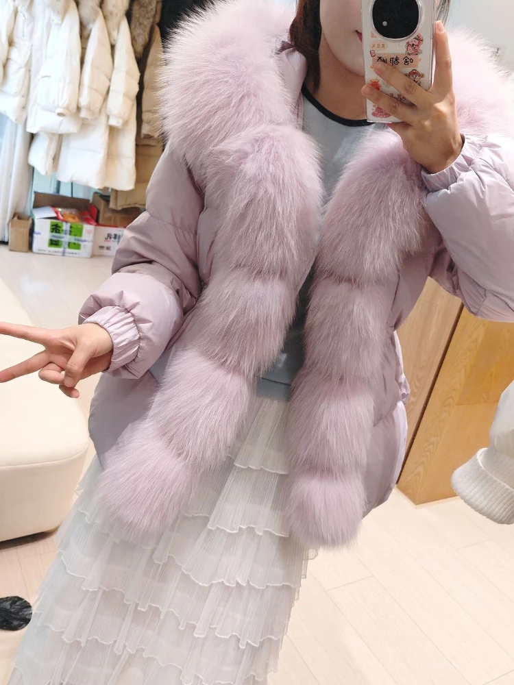 Women Winter Puffer Coat White Fur Hood Front Fur Trim Drawstring Waist Zip Closure Warm Outerwear for Cold Weather Daily Wear