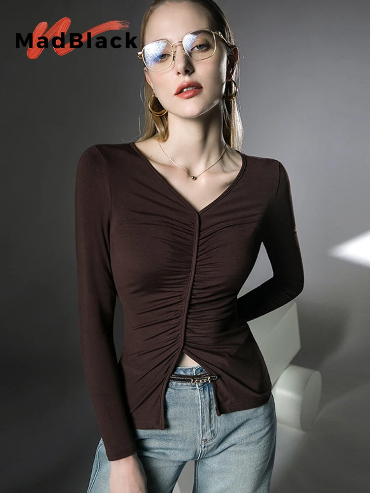 

MadBlack Autumn European Clothes Tshirts Female Sexy V Necks Ruched Slim Modal Tops Full Sleeve Stretchy Tees Winter T36725JC