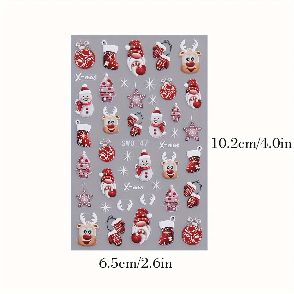 Festliche selbstklebende 3D-Nagelkunstaufkleber mit Weihnachtsmann, Rentier, Schneemann, matten Designs für Maniküre, Kunst und verschleißfest