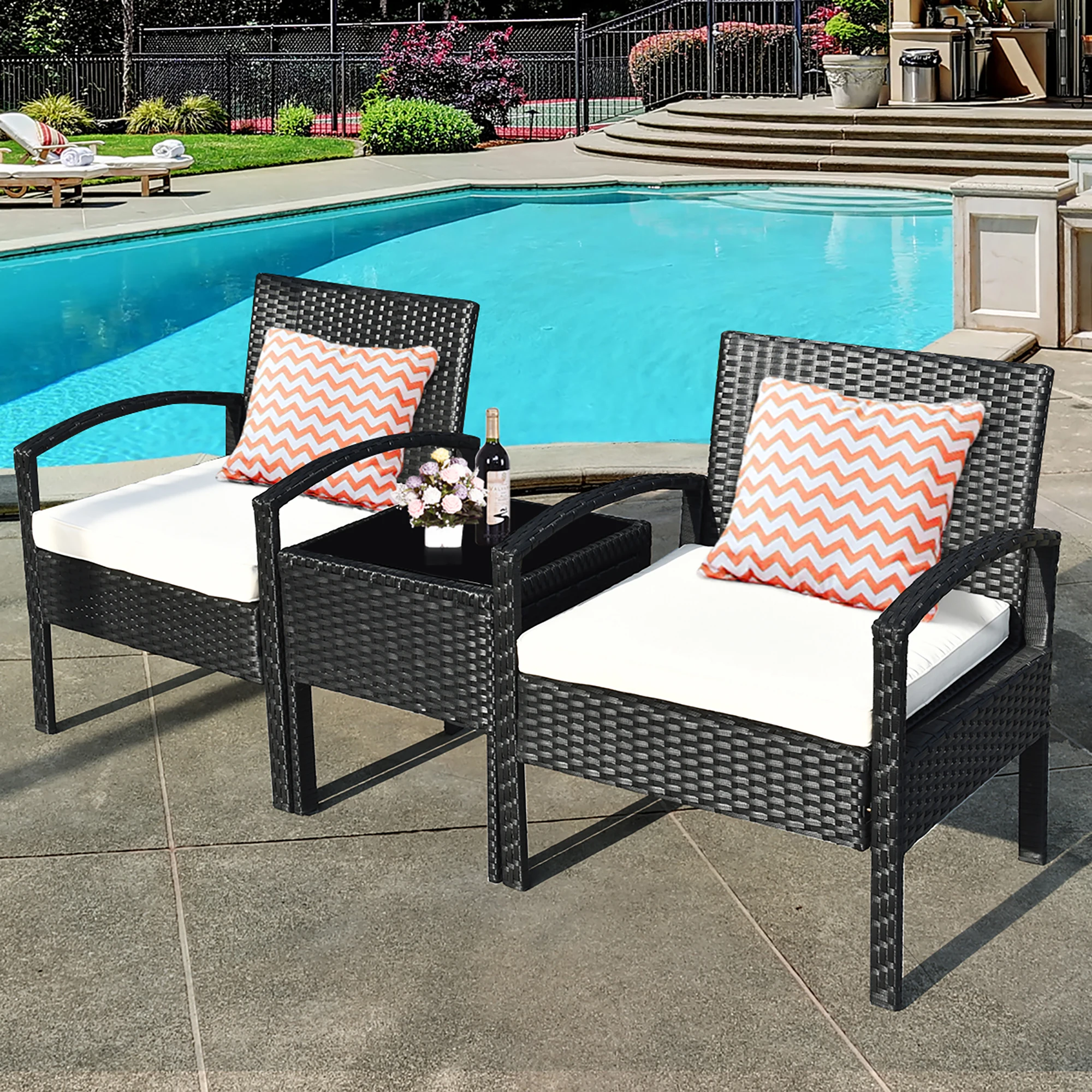 3PCS Patio Rattan Furniture Set Table & Chairs Set with Seat Cushions Garden