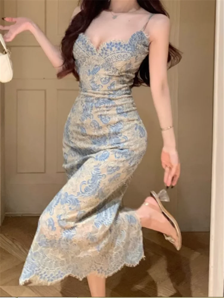 ヴィンテージ V ネックエレガントなブルー刺繍レースキャミソールロングドレス Vestidos 夏ノースリーブボディコン鉛筆イブニングパーティードレス