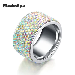 MadApe Wholesale High Quality Classic Stainless Steel 8 Row Crystal Jewelry Women Wedding Ring 12mm 6-9#