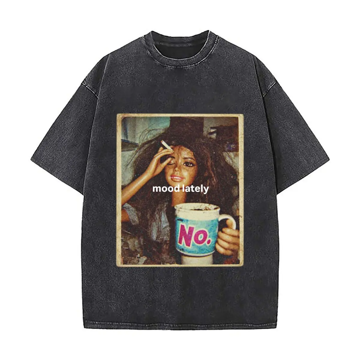Funny Messy Hair Doll Mood Lately No Coffee Meme Graphic Washed Short Sleeve Loose Streetwear Tee Hip Hop