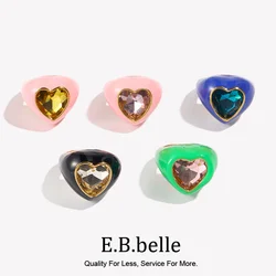 E.B.belle Cut Gemstone Heart Enamel Ring Tarnish Free 18K Gold Plated Jewelry 316L Stainless Steel Decoration