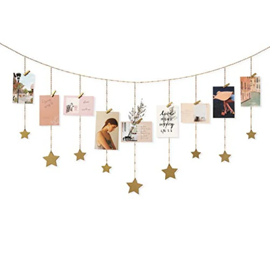 

Hanging Photo Display Boho Decor Wooden Stars Garland with Metal Chains, Pictures Cards Holder with 25 Wood Clips, Wall Art for