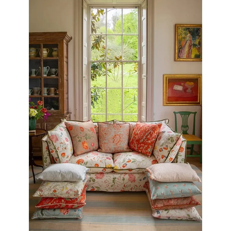 Rural pastoral style living room fabric solid wood sofa straight row American three-person peony small floral removable and wash