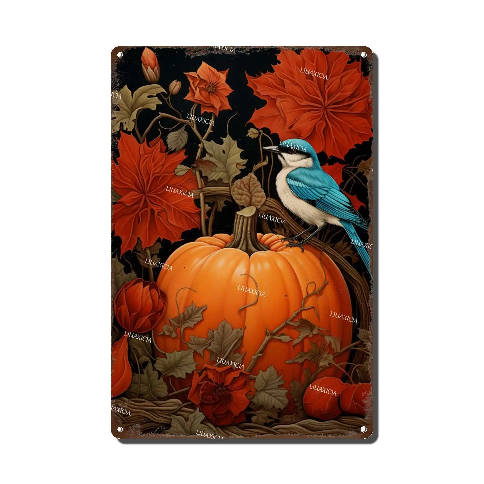 Art Painting Tin Sign Tin Sign Fall Pumpkin Autumn Bird Thanksgiving Metal Tin Sign for Home Living Bedroom Room Kitchen 8.00