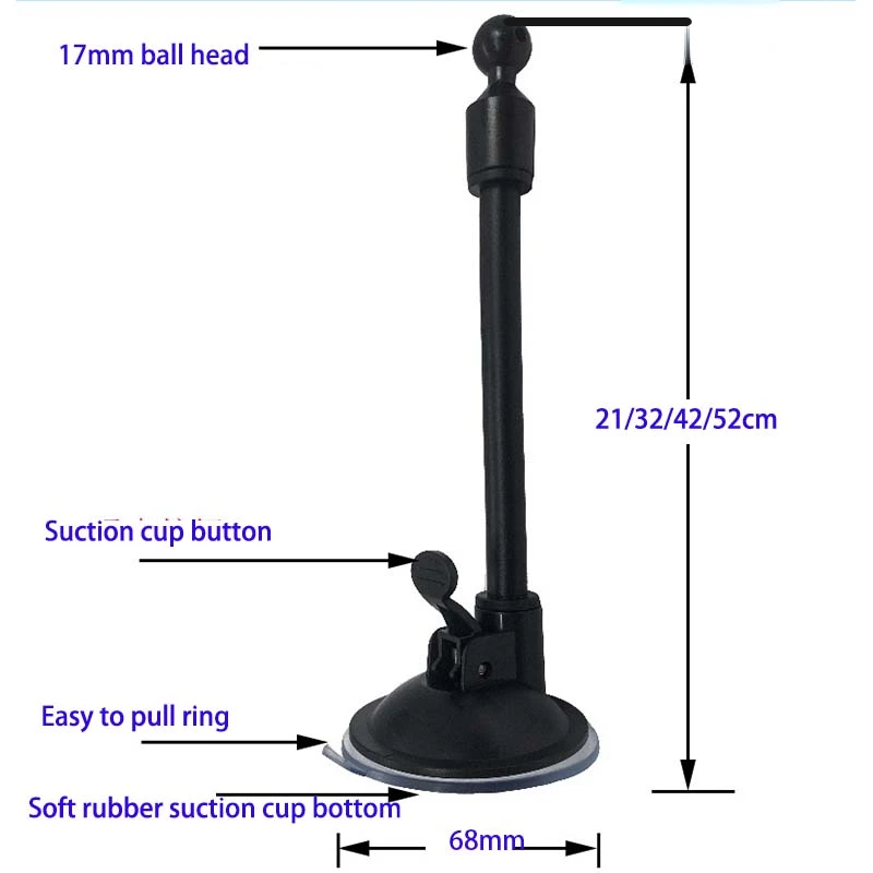 Universal Car Bracket 17Mm Ball Head 21/32/42/52CM Long Rod for Phone Clip Suction Cup Mounts Windshield/dashboard Brackets Base
