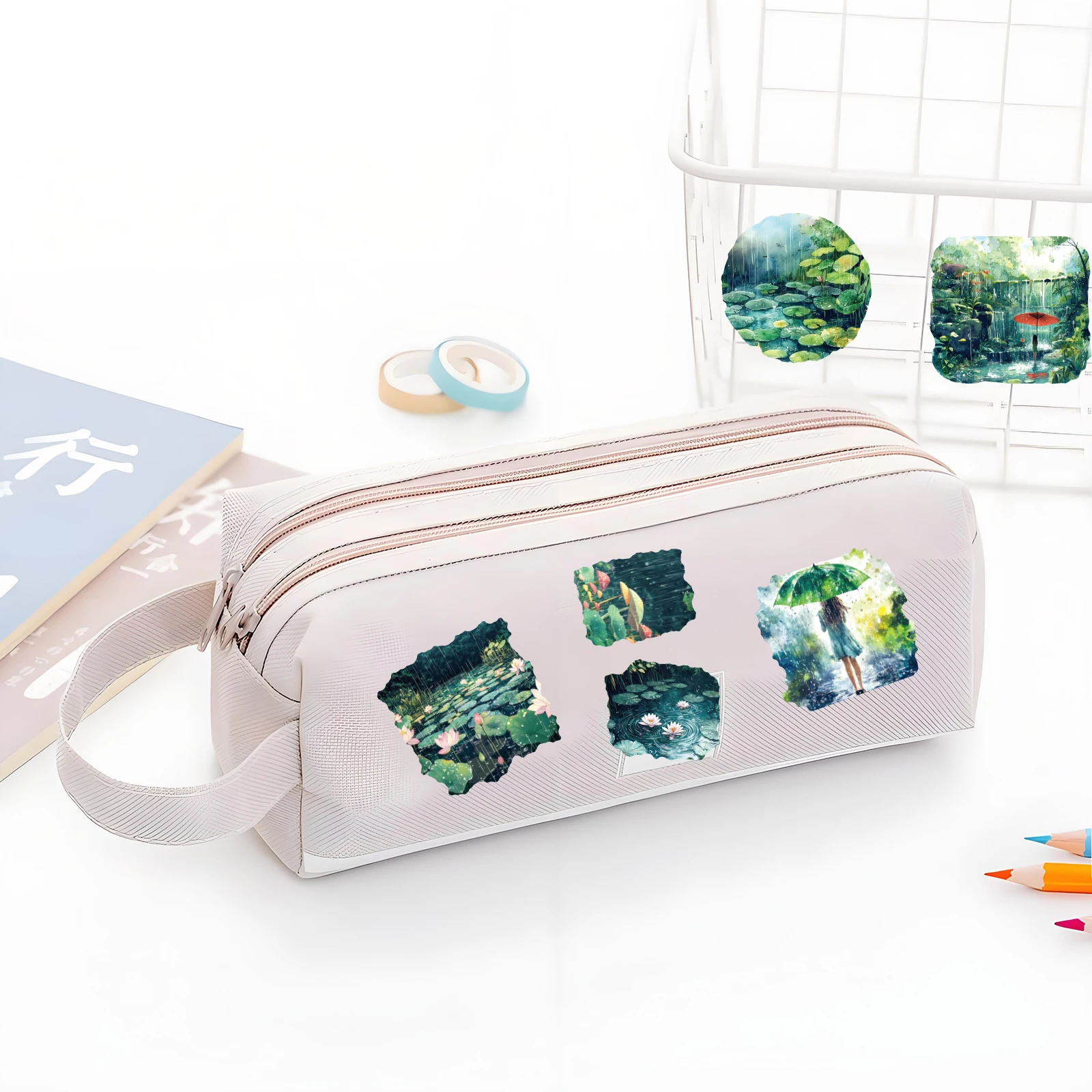 40 Uds. De pegatinas de escena de lluvia de loto de campo para ordenador portátil, equipaje, fundas de teléfono, diario, decoración del hogar, paquete de pegatinas de juguete clásico para niños