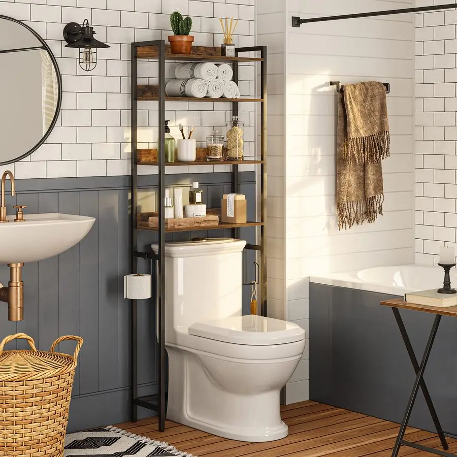 

The Toilet Storage Rack, 4 Tier Bathroom Organizer Over Toilet, Freestanding Space Saver Toilet Stand with 2 Hooks, Bathroom Sto