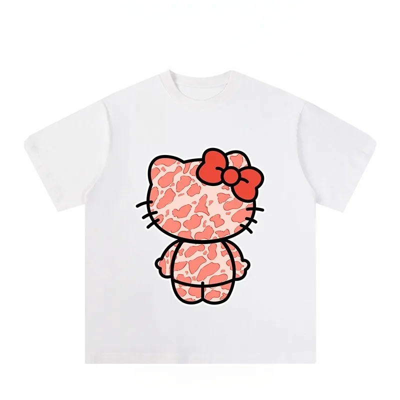 

Small Pink Leopard Pattern Kitty Cat Heavy Retro American Lazy Trendy Brand Loose Cotton Short Sleeved T-shirt Couple's Style