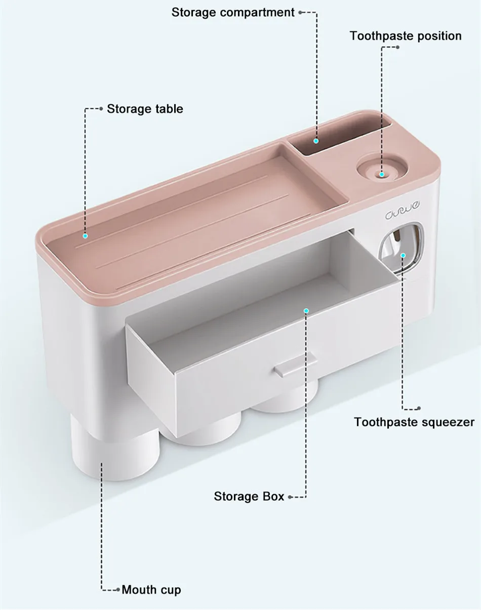 Soporte de almacenamiento de cepillo de dientes montado en la pared, exprimidor de pasta de dientes, contenedores de almacenamiento de baño sin perforaciones con taza dispensador de pasta de dientes