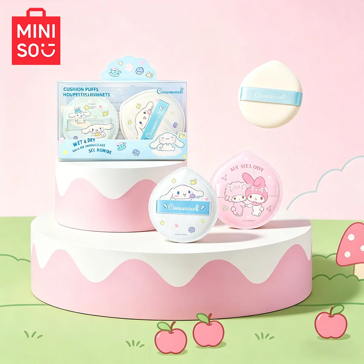 MINISO Super grand coton bonbon coussin d'air bouffée de poudre 2-pack-boîte de rangement maquillage Durable et facile à appliquer