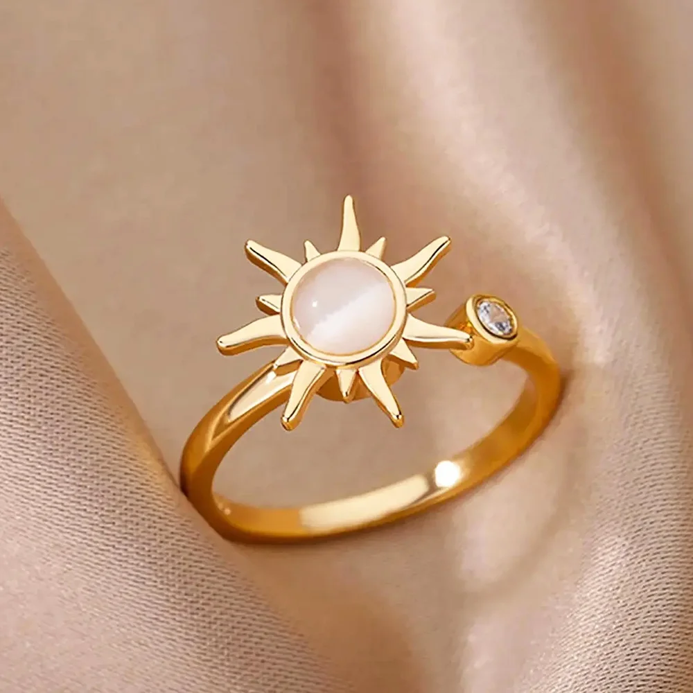 Rotating Sun Opal Ring For Women Stainless Steel Retro Charm Adjustable Open Rings Party Jewelry Best Friend Gift Bijoux Femme