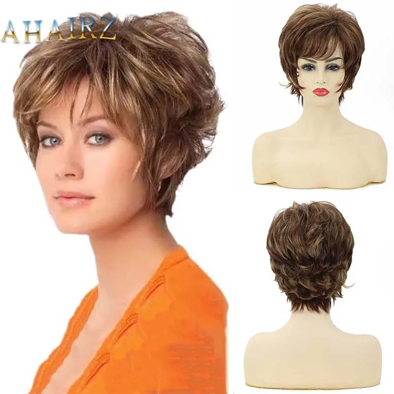 

Short Mixed Brown Hair Wave Layered Hair Pixie Cut Synthetic Wigs With Fluffy Bangs For Women Heat Resistant Fiber Daily Wigs