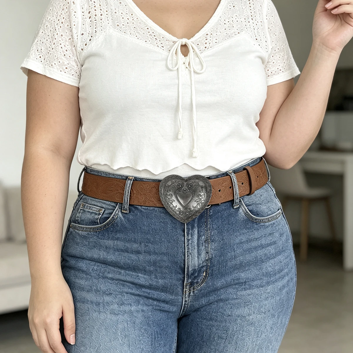 European style plus-size belt for women, daily use, brown, niche print pattern, leather belt for women, versatile with jeans
