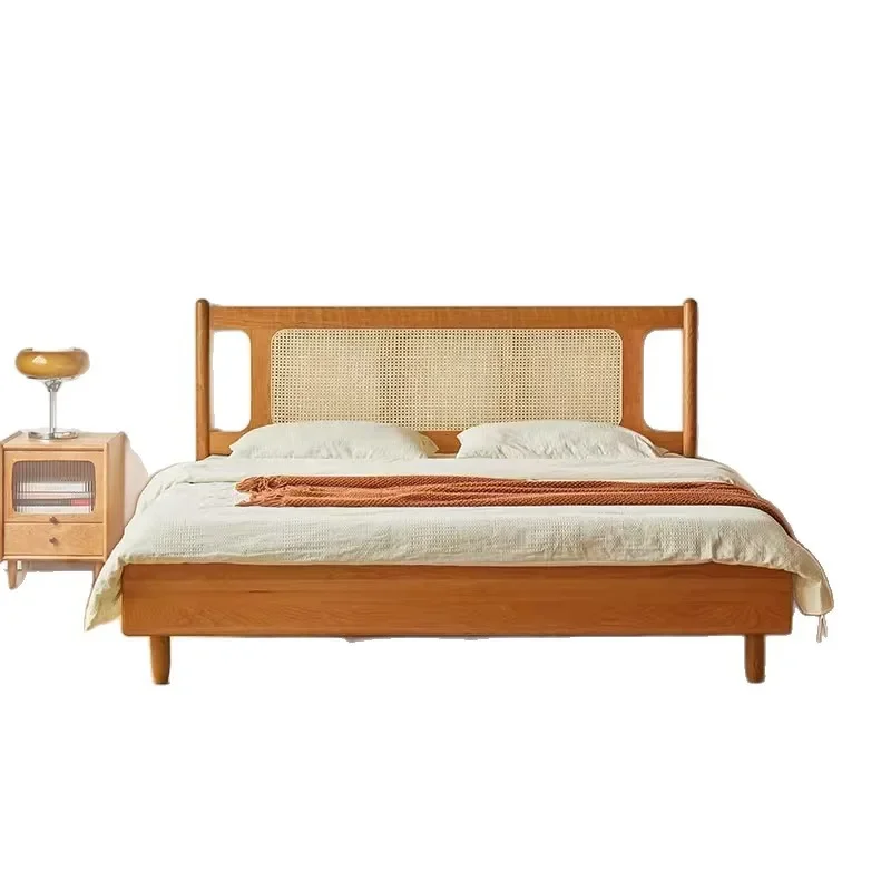 Nordic solid wood retro rattan bed cherry wood 1.8 meters 1.5 master bedroom Japanese technology cloth soft bag bed