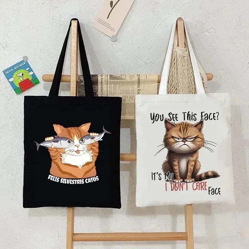 Shopping Bags Canvas Printing Ginger Cat Graphic Women Tote Bag I Dont Care Face Print Cartoon Fashion Shoulder Handbags