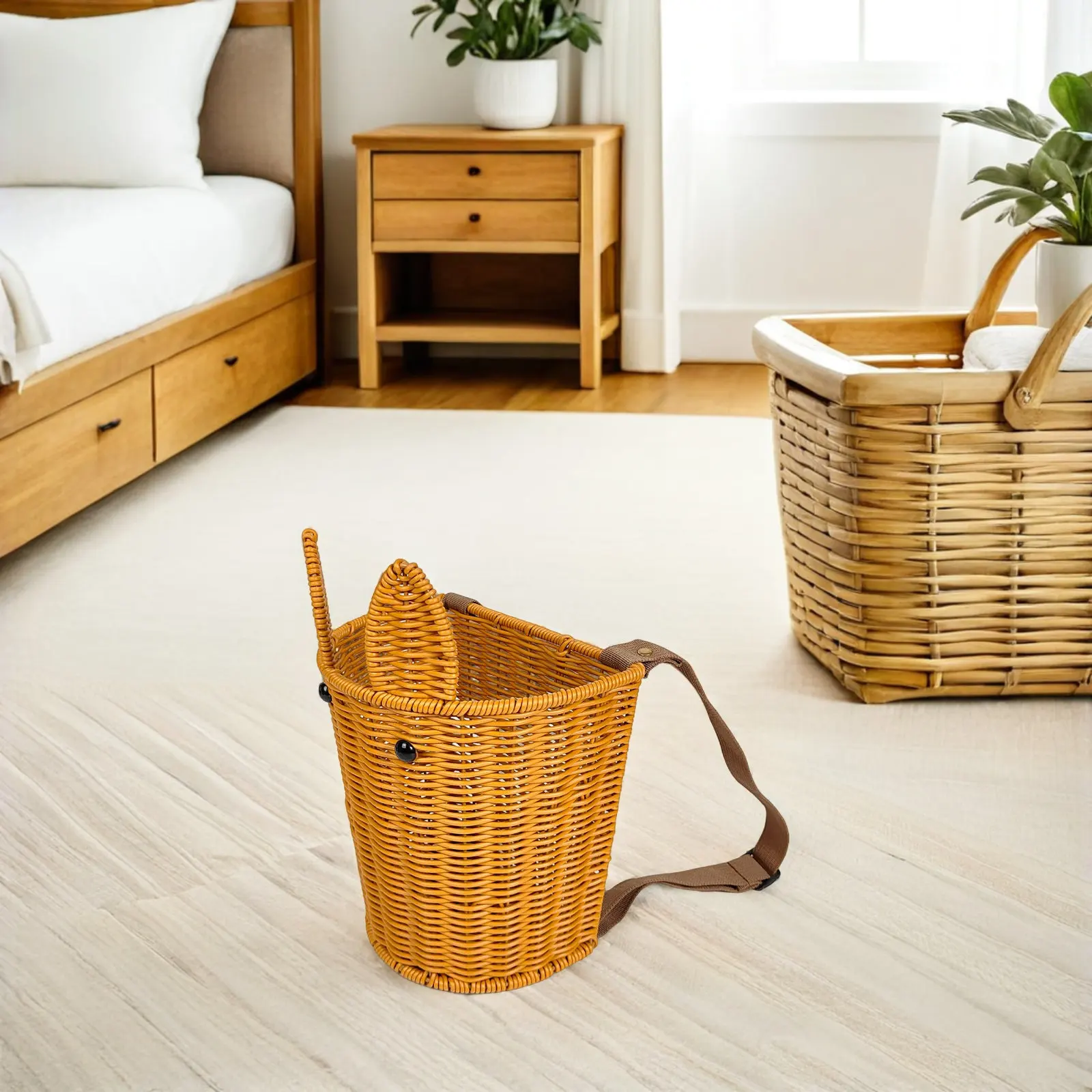 

Hand-Woven Round Picnic Basket with Shoulder Straps Lightweight Faux Rattan Storage Basket for Easter Bunny Decor Flower Picking
