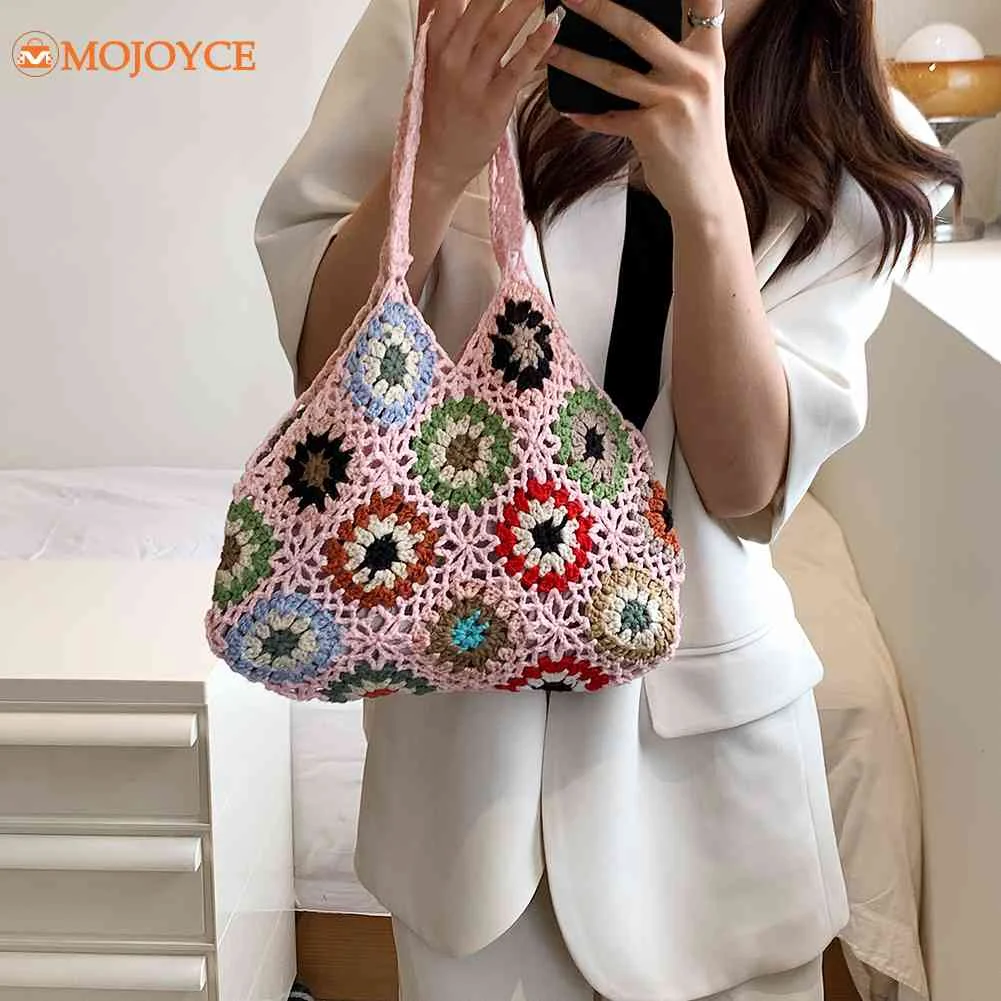 Knitting Flower Crochet Women Shoulder Bag Hollow Out Designer Retro Summer Beach Handbag Ladies Shopper Bag Purse Small Hobo