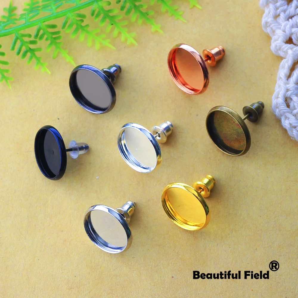 20pcs Fit 8mm 10mm 12mm 14mm 16mm Round Cabochon Earring Settings Ear Hooks Bronze Silver Rose Gold Plated Cameo Base Blank Tray