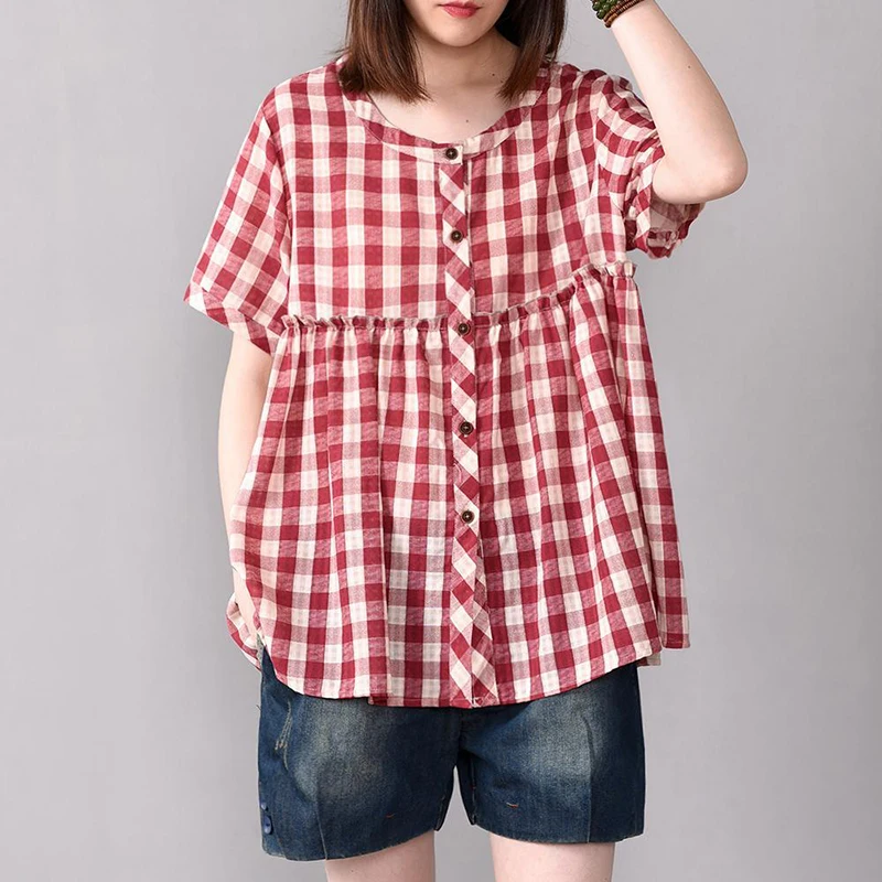 

Fashion O-Neck Spliced Ruffles Loose Plaid Shirts Women's Clothing 2024 Summer New Oversized All-match Tops Commuter Blouses