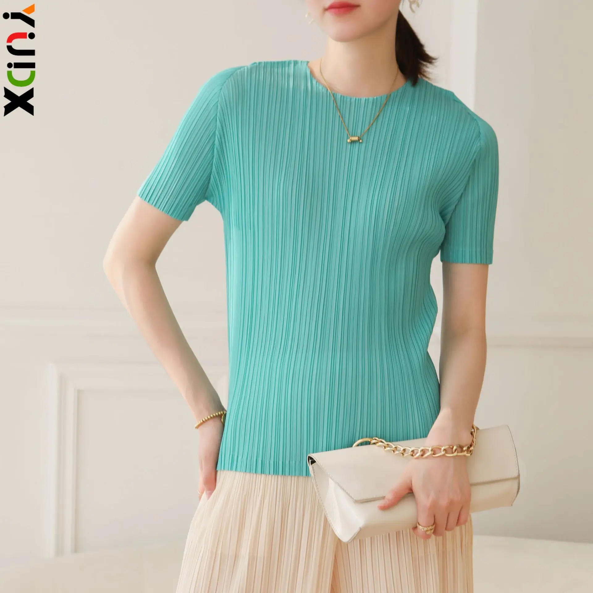 

YUDX Miyake Pleated Basic Women's Tops Fashion Casual Slim Peplum Solid Color Comfortable T-shirt 2024 Summer New