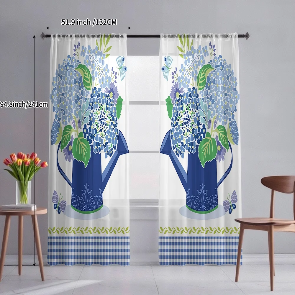 Digital Printed Sheer Curtain, Hydrangea Watering Can, Vintage Garden Cottage Floral for Living Room Bedroom Home Decor