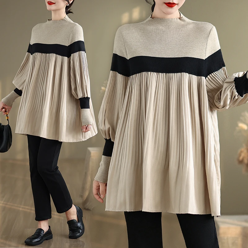 

Faionable Knitted Sweater Color Blo Loose Long Sve Autumn Winter New Arrival Women's Casual irt Vintage Sle Midi L...