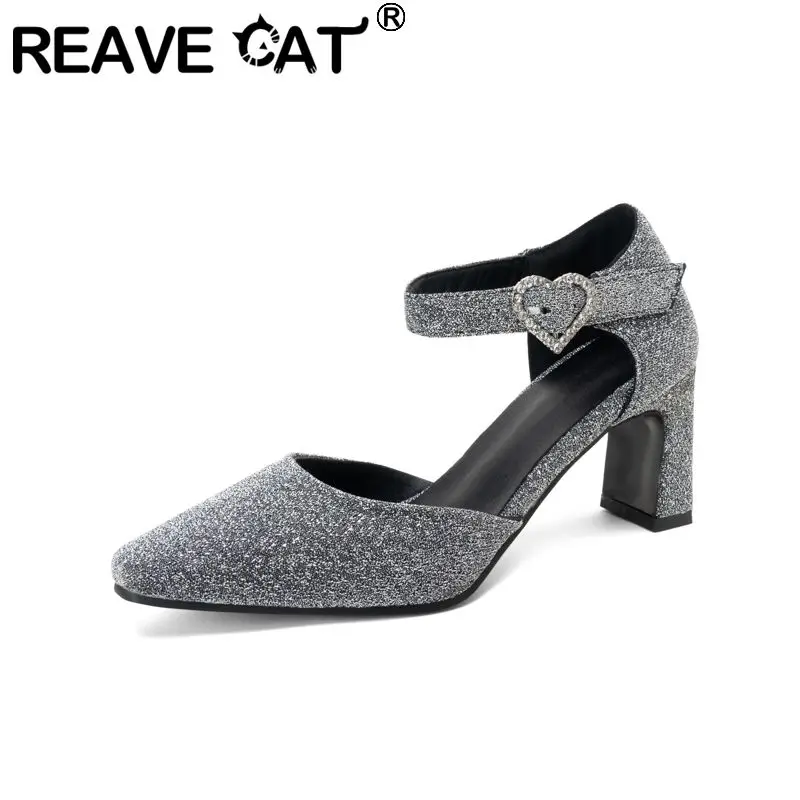 

REAVE CAT Silver Women Sandals Square Toe Buckle Strap 7cm Block Heel Heart Crystal Plus Size 43 44 45 Sexy Dating Bling Shoes