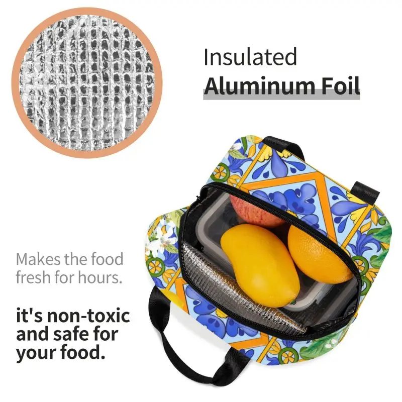 Sicilian Tiles Summer Fruit Oranges Lemons Insulated Lunch Bag for Camping Travel Portable Thermal Cooler Lunch Box Children