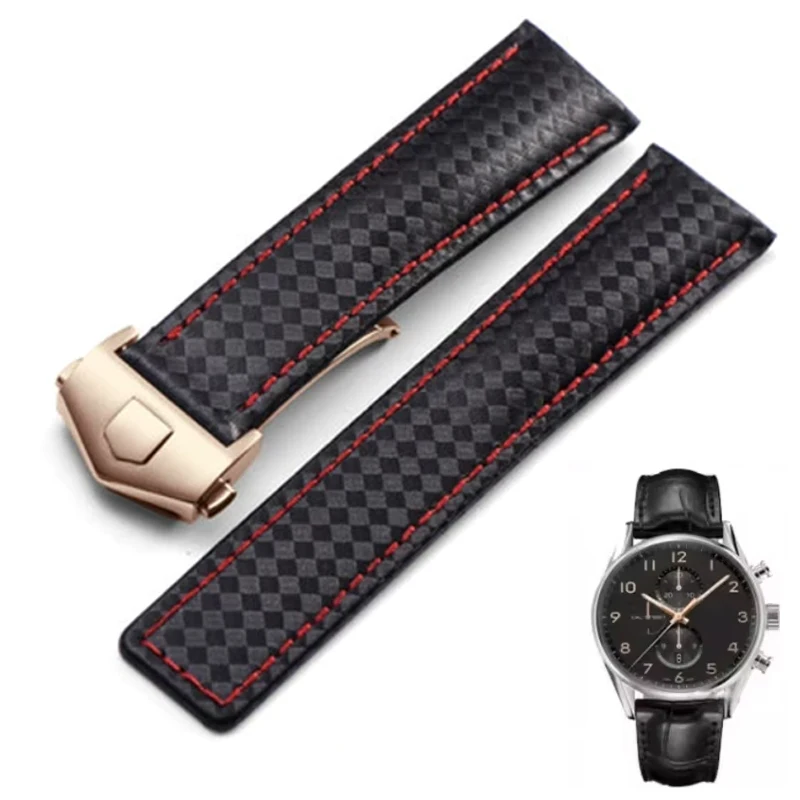Correa de cuero genuino con patrón de fibra de carbono, 20mm, 22m, para relojes tag he-uer F1, pulsera de cuero negra