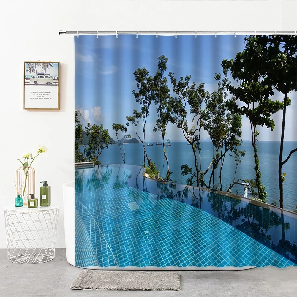 Swimming Pool Pattern Shower Curtain Exotic Ocean Bathroom Curtains Polyester Bathtub Screens Home Decoration with Hook