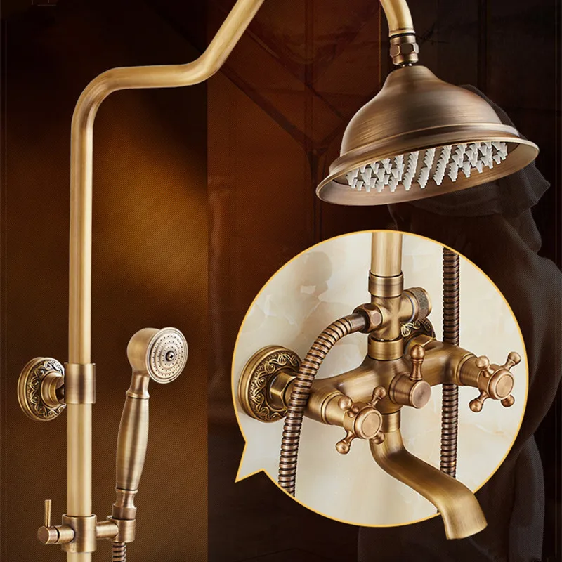 

Brass Antique Bathroom Shower Faucet Set Wall Mount Dual Handle with Handshower Brass Bathroom Shower Mixer Tap