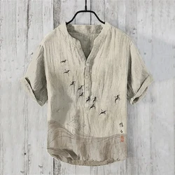 Fashion Men's Vintage Linen Shirt Men's Vacation Short Sleeve Shirt Loose Street Hip Hop Beach Casual Shirt 100% Linen