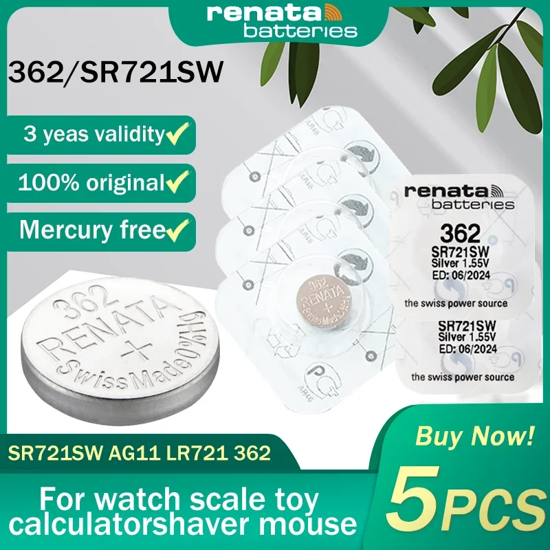 5PCS Renata 362 SR721SW AG11 LR721 162 1.55V Silver Oxide Watch Battery GP62 AG1 For Scale Watch Toy Swiss Made Button Coin Cell