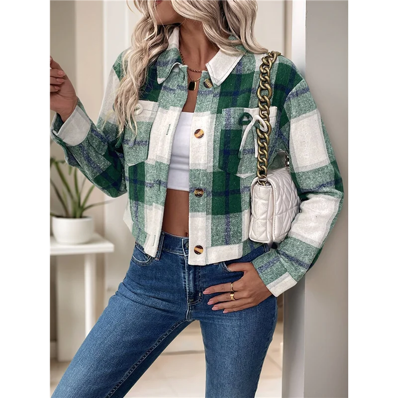 Veste courte à carreaux pour femmes, chemise boutonnée à la mode, manteau d'automne 2025