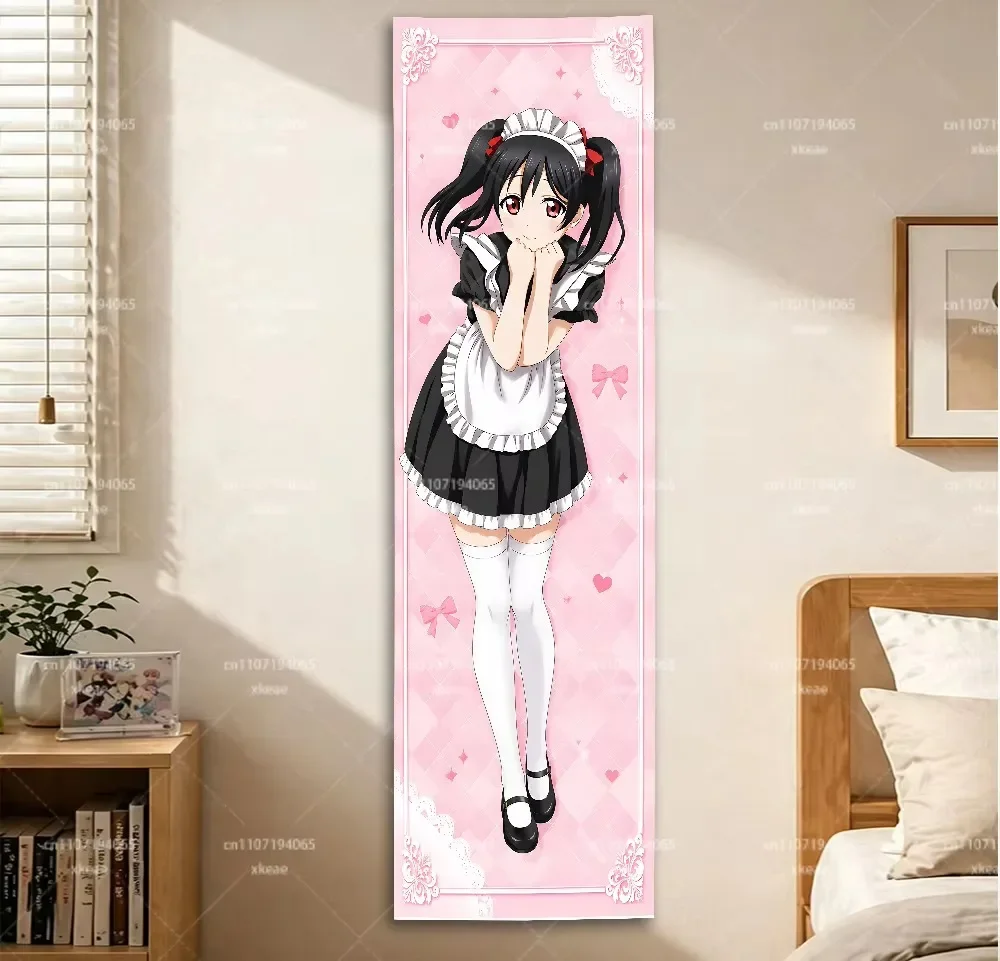40x150cm Love Live Nico Yazawa Maid Tapestry, Pink Plaid Heart Long Wall Hanging Bedroom Dorm Room Aesthetic Anime Decor Gift