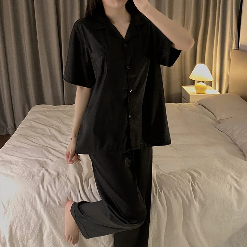 Summer Lapel Cardigan Women's 2 Pieces Set Ice Silk Soft Short Sleeves Sleepwear for Women Solid Color Elegant Women's Sets